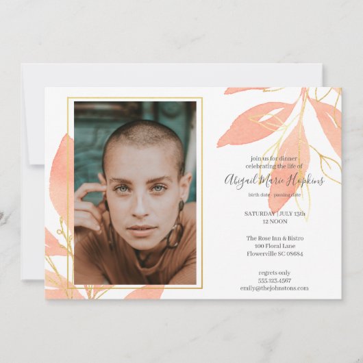 Gold Peach Floral Celebration of Life Funeral Bedankkaart (Voorkant)