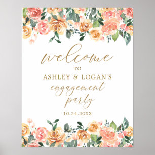 Gold Peach Floral Engagement Party WelkomstPoster Poster