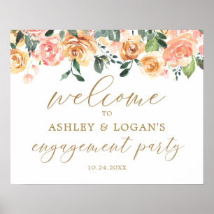 Gold Peach Floral Engagement Party WelkomstPoster Poster