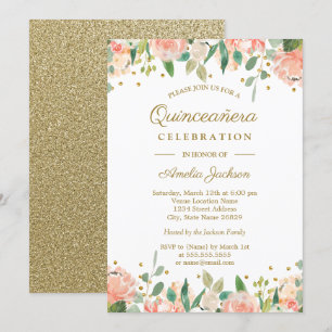 Gold Peach Floral Waterverf Quinceanera Invite Kaart