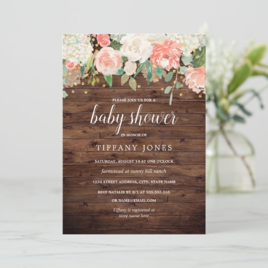Gold Peach Floral Waterverf Wood Baby shower Kaart (Staand voorkant)