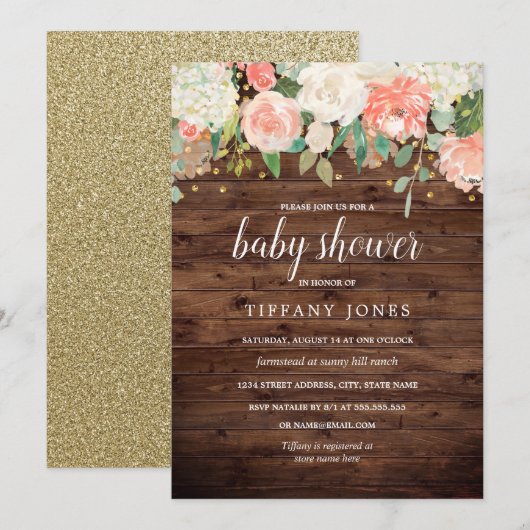 Gold Peach Floral Waterverf Wood Baby shower Kaart (Voorkant / Achterkant)