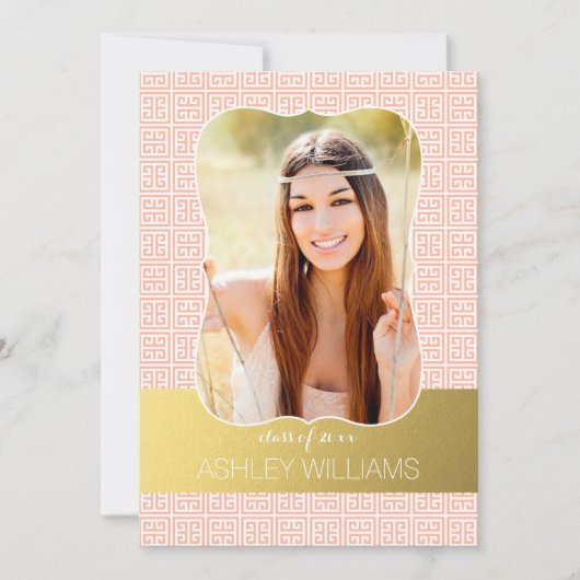 Gold Peach Greek Key Photo Afstuderen Aankondiging (Voorkant)