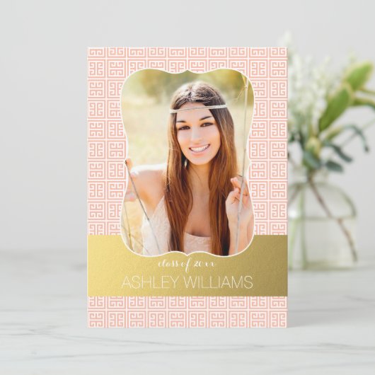 Gold Peach Greek Key Photo Afstuderen Aankondiging (Staand voorkant)
