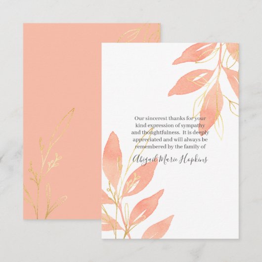 Gold Peach Waterverf Floral Hartelijk dank Bedankkaart (Voorkant / Achterkant)