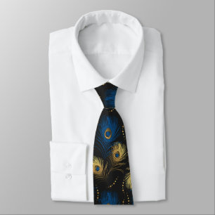 Gold Peacock Feather Black Blue Mannen Necktie Stropdas