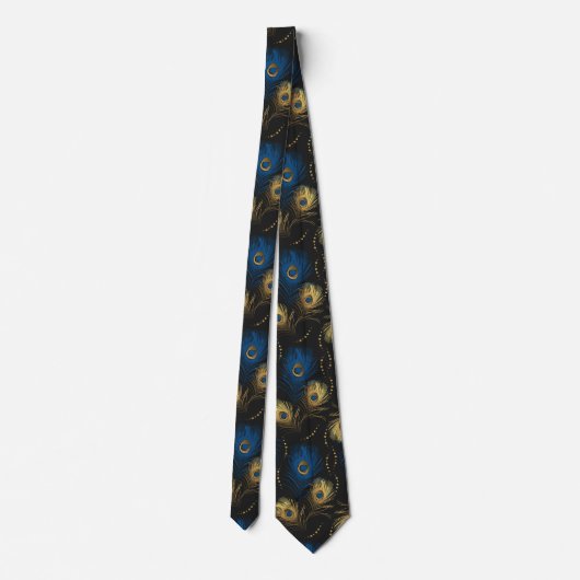 Gold Peacock Feather Black Blue Mannen Necktie Stropdas (Achterkant)