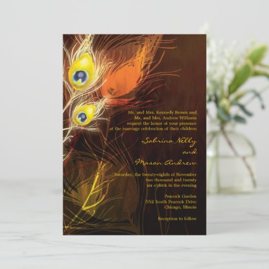 Gold Peacock Feather Flames Fall Wedding Kaart (Staand voorkant)