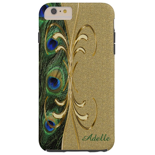 Gold Peacock Feather iPhone 6 Plus Monogram Hoesje (Achterkant)