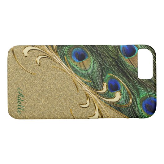 Gold Peacock Feather iPhone 7Plus Monogram Hoesje (Achterkant (Horizontaal))
