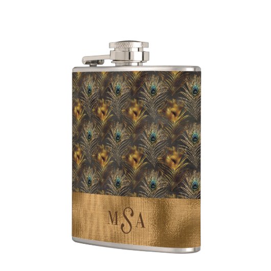 Gold Peacock Feather Monogram Elegant Personeel Heupfles (Links)