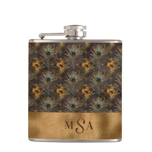Gold Peacock Feather Monogram Elegant Personeel Heupfles (Voorkant)
