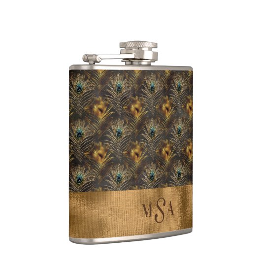 Gold Peacock Feather Monogram Elegant Personeel Heupfles (Rechts)