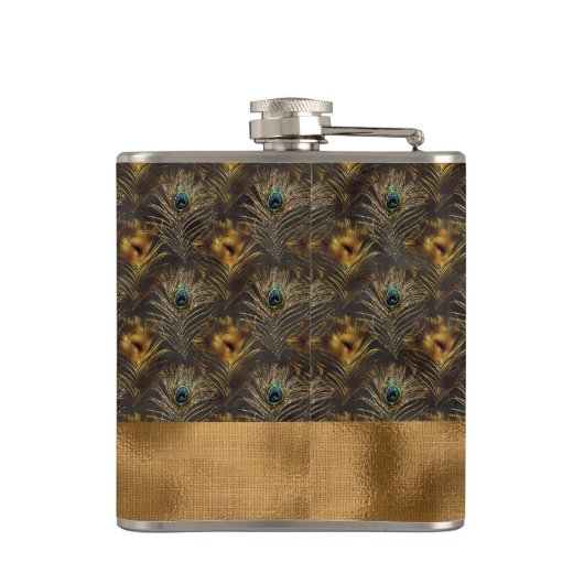 Gold Peacock Feather Monogram Elegant Personeel Heupfles (Achterkant)