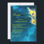 Gold Peacock Feathers Blue Vrijgezellenfeest Kaart<br><div class="desc">Heldere pauwveren en roestvrijpotige blauwe achtergrond ontworpen op aangepaste Bridal Shower Invitations. Classy,  uniek en elegant blauw & goudbolvormig thema voor uw speciale gelegenheid. (Je vindt de juiste trouwbenodigdheden en gunsten in deze winkel,  Bridal Heaven. Neem contact op met ujean4791@gmail.com voor aangepast werk en/of het coördineren van trouwbenodigdheden.)</div>