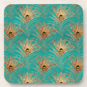 Gold Peacock Feathers op Aqua Bier Onderzetter