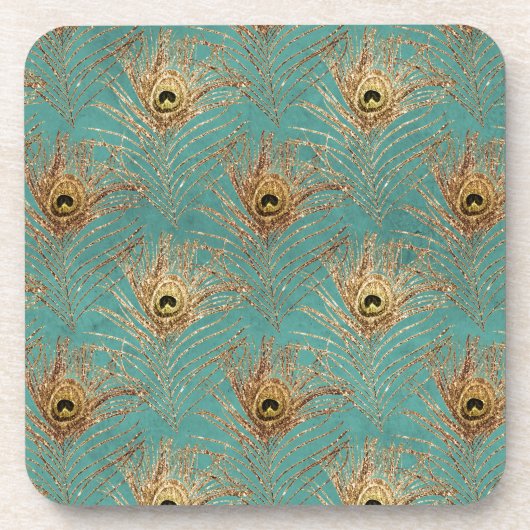 Gold Peacock Feathers op Aqua Bier Onderzetter (Voorkant)