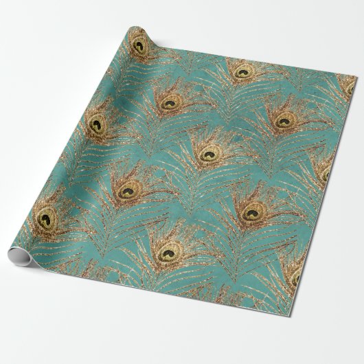 Gold Peacock Feathers op Aqua Cadeaupapier (Uitgerold)
