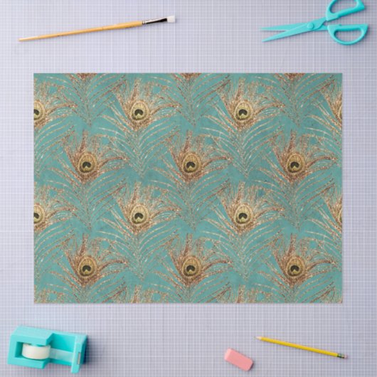 Gold Peacock Feathers op Aqua Decoupage Tissuepapier (Craft)