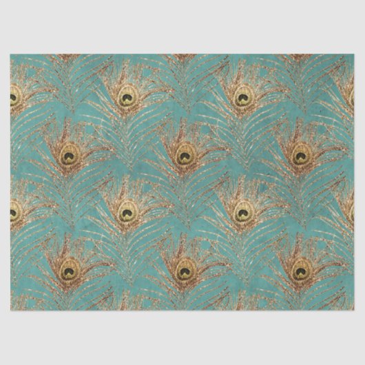 Gold Peacock Feathers op Aqua Decoupage Tissuepapier (Voorkant)