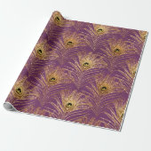 Gold Peacock Feathers op Paars Cadeaupapier (Uitgerold)