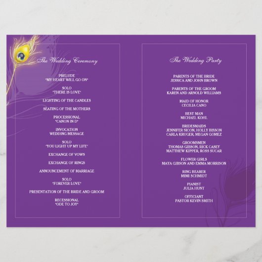 Gold Peacock Feathers Paars Wedding Programme (Achterkant)