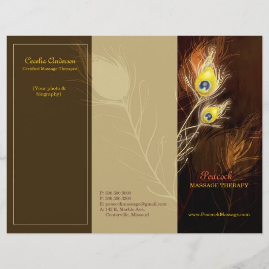 Gold Peacock Feathers Tri Fold Business Brochures (Voorkant)