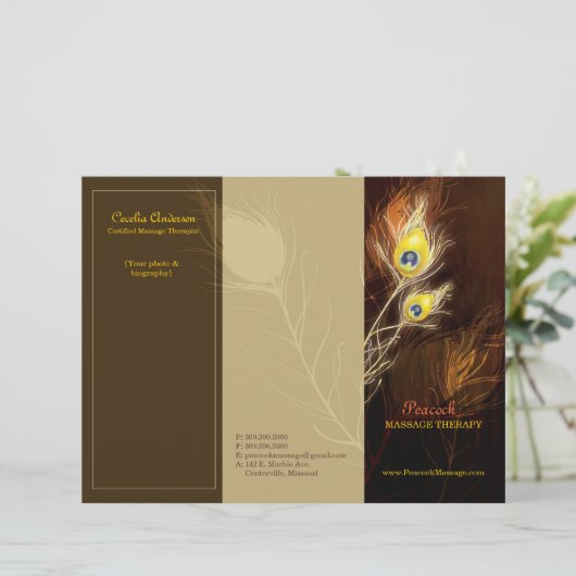 Gold Peacock Feathers Tri Fold Business Brochures (Staand voorkant)