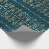 Gold Peacock Flowers op Blauwgroen Cadeaupapier (Hoek)
