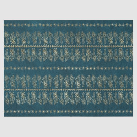 Gold Peacock Flowers op Blauwgroen ontkoppeling Tissuepapier (Voorkant)
