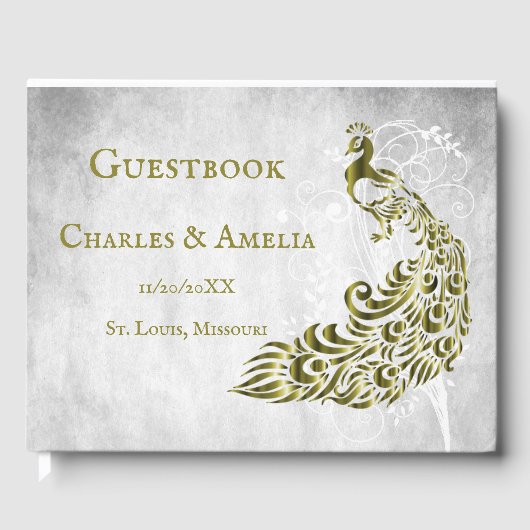 Gold Peacock Leaf Vine Wedding Guestbook Gastenboek (Voorkant)