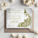 Gold Peacock Leaf Vine Wedding Invitation Kaart<br><div class="desc">Maak een gedurfde en elegante uitspraak met deze Gold Peacock Wedding Invitation, ontworpen voor koppels die houden van rijke kleuren en moderne botanische schoonheid. Een opvallende pauw illustratie combineert moeiteloos met delicate witte bladeren en sierlijke botanische wijnstokken, allemaal tegen een getextureerde grunge-stijl achtergrond die diepte en artistieke flair toevoegt. Elegant...</div>