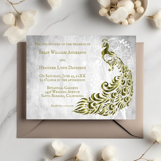 Gold Peacock Leaf Vine Wedding Invitation Kaart