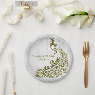 Gold Peacock Leaf Vine Wedding Paper Bord