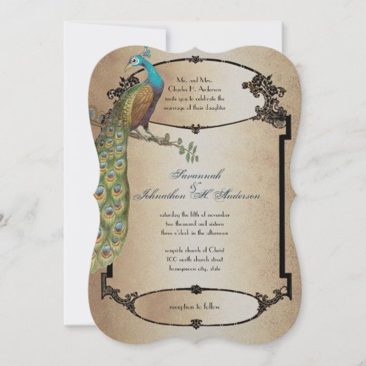 Gold  Peacock Roaring 20s Deco Wedding Kaart (Voorkant)