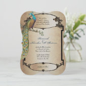 Gold  Peacock Roaring 20s Deco Wedding Kaart (Staand voorkant)