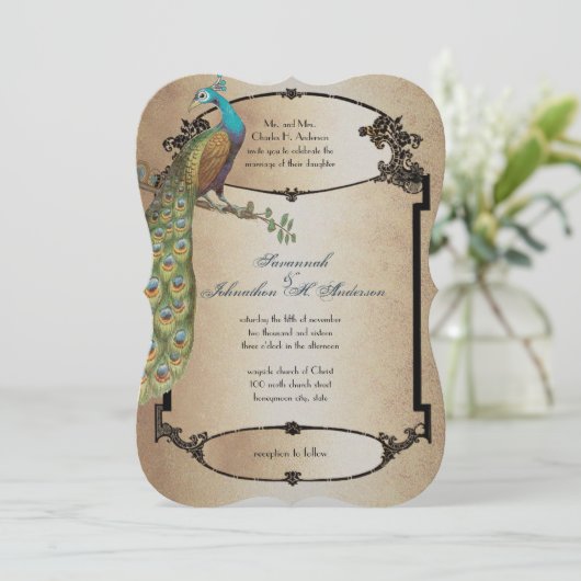 Gold  Peacock Roaring 20s Deco Wedding Kaart (Staand voorkant)