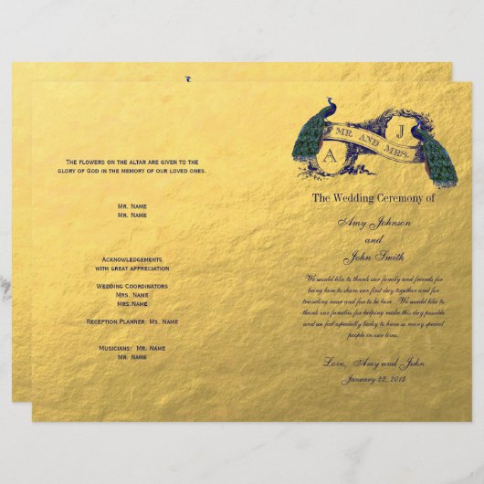 Gold Peacock Wedding Program (Voorkant / Achterkant)
