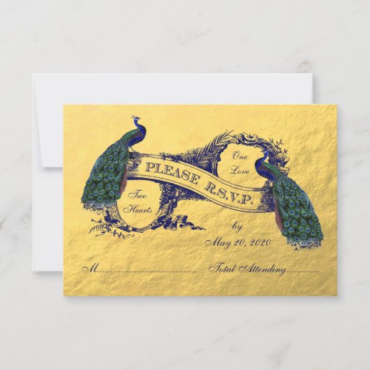 Gold Peacock Wedding RSVP Kaart (Voorkant)