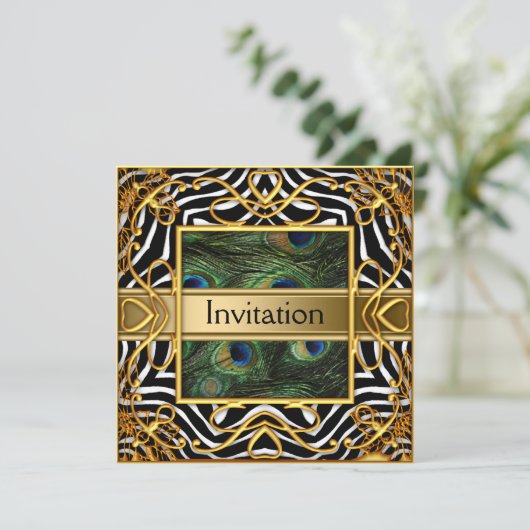 Gold Peacock Zebra Uitnodiging Elke partij (Staand voorkant)