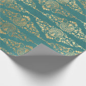 Gold Peacocks en Filigree op Blauwgroen Cadeaupapier (Hoek)