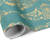 Gold Peacocks en Filigree op Blauwgroen Cadeaupapier (Rol Hoek)