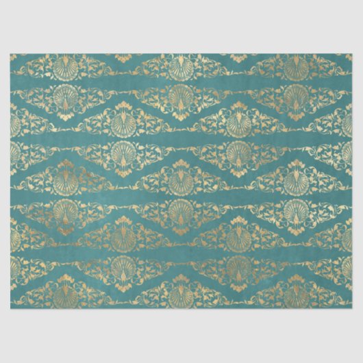 Gold Peacocks en Filigree op Blauwgroen ontkoppeli Tissuepapier (Voorkant)