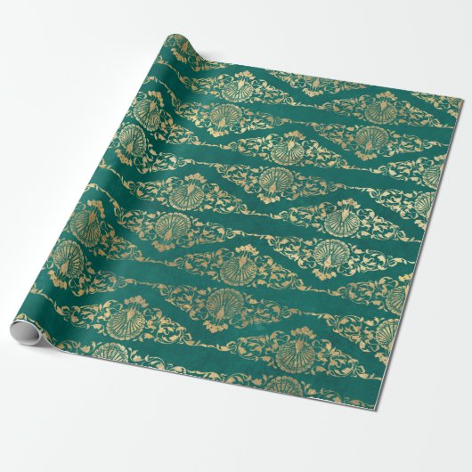 Gold Peacocks en Filigree op groen Cadeaupapier (Uitgerold)