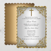 Gold Pearl Damask & Cross Baptism/Christening Kaart (Voorkant / Achterkant)