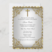 Gold Pearl Damask & Cross Baptism/Christening Kaart (Voorkant)