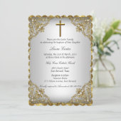 Gold Pearl Damask & Cross Baptism/Christening Kaart (Staand voorkant)