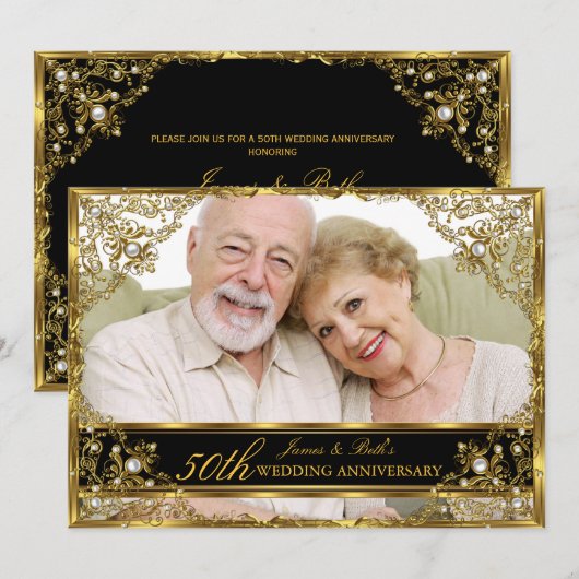 Gold Pearl Damask Foto 50th Wedding Jubileum 2 Kaart (Voorkant / Achterkant)