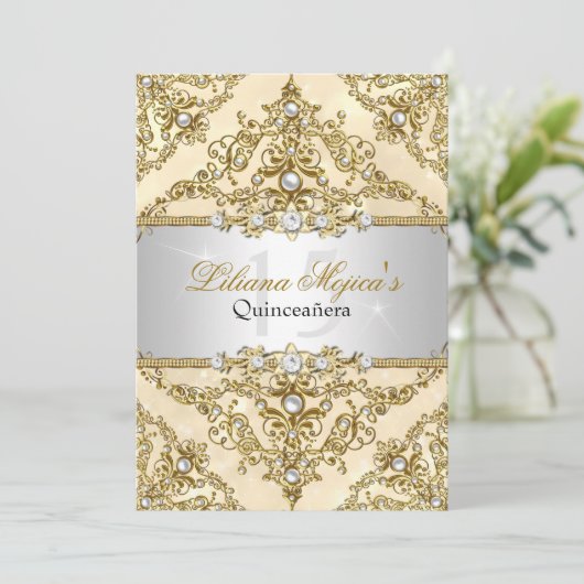 Gold Pearl Damask Quinceanera Invite Kaart (Staand voorkant)