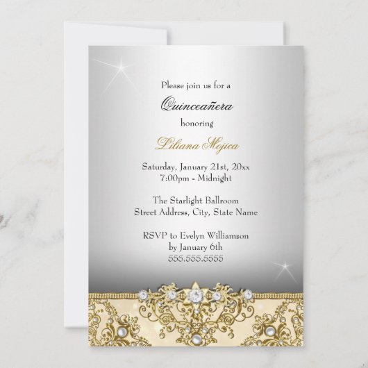 Gold Pearl Damask Quinceanera Invite Kaart (Achterkant)
